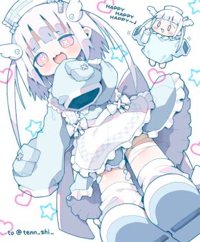 1girl :3 absurdres amachukachama bandaid bandaid_on_leg blue_dress blue_footwear blunt_bangs blush borrowed_character chibi cross-shaped_pupils dot_nose dress frilled_dress frills from_below hand_up hat heart highres legs legs_apart long_hair long_sleeves looking_at_viewer nikamoka nurse_cap open_mouth original purple_eyes sleeves_past_fingers sleeves_past_wrists socks solo standing symbol-shaped_pupils twitter_username white_background white_hair