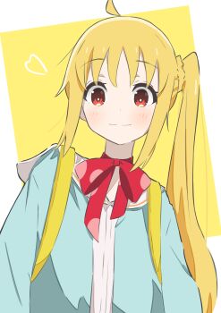 1girl absurdres auhuheben17 blonde_hair bocchi_the_rock! border heart highres ijichi_nijika light_blush looking_at_viewer red_eyes red_ribbon ribbon solo straight-on upper_body white_border yellow_background