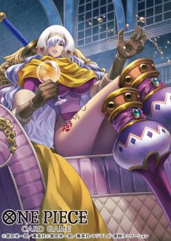 Rule 34 | 1girl, brown gloves, charlotte smoothie, commentary request, copyright name, crossed legs, cup, drinking glass, gloves, hat, highres, holding, holding cup, koushi rokushiro, leg tattoo, leotard, long hair, looking at viewer, official art, one piece, one piece card game, pink leotard, sitting, solo, tattoo, very long hair, white hair, wine glass