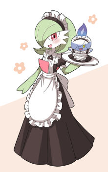 1girl apron arm_at_side arms_up back_bow black_dress blank_eyes blue_fire blush bob_cut bow clothed_pokemon collared_dress colored_skin dress female_focus fire flat_chest floral_background frilled_apron frills full_body gardevoir gen_3_pokemon gen_5_pokemon green_hair green_skin hair_over_one_eye hand_up happy holding holding_tray jmsleo litwick long_dress looking_at_viewer maid maid_apron maid_headdress multicolored_skin nintendo one_eye_covered open_mouth orange_background pokemon pokemon_(creature) puffy_short_sleeves puffy_sleeves red_eyes short_hair short_sleeves smile solo_focus standing tray two-tone_skin white_apron white_skin yellow_eyes