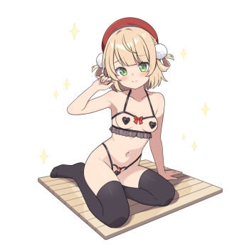 1girl arm_support bare_arms bare_shoulders beret black_thighhighs blush bow bow_bra bow_panties bra breastless_clothes breasts brown_hair closed_mouth collarbone commentary_request crotchless crotchless_panties frilled_bra frills full_body green_eyes hair_rings halterneck hand_up hat hatsunatsu heart_maebari heart_pasties indie_virtual_youtuber looking_at_viewer maebari navel panties pasties red_hat shigure_ui_(vtuber) simple_background sitting small_breasts smile solo sparkle thighhighs underwear underwear_only virtual_youtuber white_background
