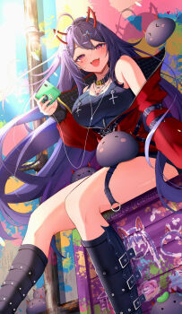>_< 1girl ahoge akuma_nihmune bare_shoulders black_boots black_choker black_tank_top blush blush_stickers boots breasts cellphone choker closed_eyes commentary cross demon_girl demon_horns earbuds earphones english_commentary eyelashes facial_mark fangs glint graffiti hair_intakes heart heart_facial_mark highres holding holding_phone horns indie_virtual_youtuber industrial_pipe jacket long_hair long_sleeves nohanenoe noomba_(akuma_nihmune) off_shoulder open_mouth partially_unzipped phone pink_eyes purple_hair red_jacket shadow sitting smartphone smile tank_top teeth upper_teeth_only very_long_hair virtual_youtuber