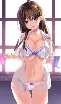 1girl blue_eyes blush boku_no_kanojo_sensei bottomless bra breasts brown_hair coffee_mug cup day fujiki_maka large_breasts long_hair looking_at_viewer mug navel oryo_(oryo04) panties shirt smile underwear white_bra window