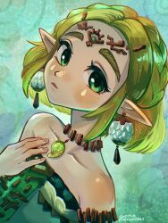 Rule 34 | ancient set (zelda), armlet, artist name, bare shoulders, blonde hair, braid, collarbone, commentary, crown braid, dress, dutch angle, earrings, green hair, highres, jewelry, looking at viewer, magatama, magatama necklace, mxyx0321, necklace, nintendo, pointy ears, princess zelda, short hair, signature, sleeveless, sleeveless dress, the legend of zelda, the legend of zelda: tears of the kingdom, upper body