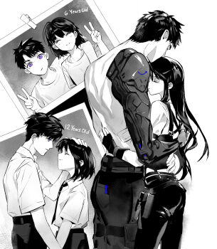 1boy 1girl arm_around_shoulder arm_around_waist awkwardtomato bandaid_on_stomach black_gloves black_hair black_necktie black_pants caleb_(love_and_deepspace) child closed_eyes collared_shirt couple fingerless_gloves gloves hand_on_another&#039;s_head hetero highres hug kissing_hair light_blush limited_palette long_hair love_and_deepspace mechanical_arms midriff multiple_views necktie pants photo_(object) prosthesis prosthetic_arm protagonist_(love_and_deepspace) school_uniform shirt short_hair single_mechanical_arm smile topless_male v white_shirt