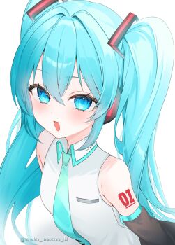 Rule 34 | 1girl, absurdres, aqua necktie, aqua trim, bare shoulders, black sleeves, blue eyes, blue hair, collared shirt, commentary request, detached sleeves, eyelashes, grey shirt, hair between eyes, hair intakes, hair ornament, hatsune miku, headphones, highres, long hair, long sleeves, looking at viewer, morino wako, necktie, number tattoo, open mouth, shirt, shoulder tattoo, simple background, sleeveless, sleeveless shirt, solo, tattoo, twintails, twitter username, upper body, vocaloid, white background