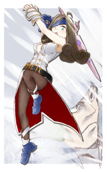 00s 06erunium 1boy 1girl adelbert_steiner armor beatrix belt breasts brown_eyes brown_hair cleavage eyepatch final_fantasy final_fantasy_ix gloves highres long_hair pantyhose save_the_queen sideboob sword weapon