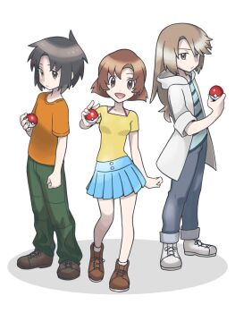 Rule 34 | 1girl, 2boys, black hair, blue pants, blue shirt, blue skirt, brown eyes, brown hair, commentary request, expressionless, full body, green pants, holding, holding poke ball, hood, hood down, hooded jacket, jacket, long hair, looking at viewer, makabe kazuki, middle part, minashiro soushi, miniskirt, multiple boys, nagi (exsit00), nintendo, orange hair, orange shirt, pants, parody, parted bangs, pleated skirt, poke ball, poke ball (basic), pokemon, shirt, short hair, short sleeves, side part, simple background, skirt, sleeves rolled up, smile, soukyuu no fafner, striped clothes, striped shirt, style parody, toomi maya, white background
