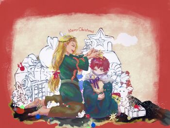 2boys ^_^ barefoot blonde_hair blush bow brown_eyes brown_hair candy candy_cane child christmas christmas_lights christmas_ornaments cloak closed_eyes confetti deidara_(naruto) e1719 english_text expressionless food gift hair_bow hair_over_one_eye happy highres japanese_clothes kcq kcq_e1719 kimono long_hair looking_at_another low_ponytail male_focus multiple_boys naruto_(series) naruto_shippuuden one_eye_closed ponytail rabbit sasori_(naruto) short_kimono signature sketch squirrel stuffed_animal stuffed_toy teddy_bear