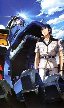 Rule 34 | 1990s (style), 1boy, absurdres, artist request, belt, black hair, blue sky, cloud, earth federation, gundam, gundam 0083, gundam gp-01 zephyranthes, gundam perfect file, highres, kou uraki, lens flare, light rays, machinery, mecha, mecha focus, military uniform, mobile suit, retro artstyle, robot, science fiction, short hair, short sleeves, sky, sun, sunbeam, sunlight, v-fin