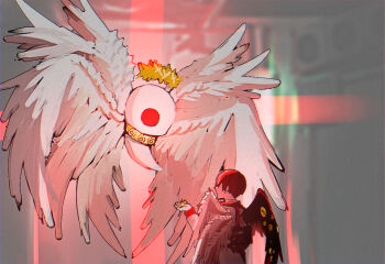 1boy 779_nnk angel angel_wings black_wings blurry blurry_background candy collar creature e.g.o_(project_moon) employee_(project_moon) feathered_wings food from_behind giving halo holding holding_candy holding_food indoors lobotomy_corporation multiple_wings nugget_(project_moon) paradise_lost_(e.g.o) project_moon red_hair seraph short_hair single_wing twilight_(e.g.o) white_wings whitenight_(project_moon) wings