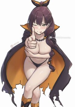 Rule 34 | 1girl, ;p, absurdres, arm support, artist name, belt, bikini, bikini bottom only, black bikini, black cloak, black ribbon, black shorts, blush, breasts, brown hair, chascoby, cloak, closed mouth, commentary, covering breasts, covering privates, crossed legs, feet out of frame, finger gun, front-tie bikini top, front-tie top, full cleavage, green eyes, hair between eyes, hair ribbon, high ponytail, highres, invisible chair, large breasts, light blush, long hair, looking at viewer, multi-tied hair, navel, one eye closed, orange belt, orange cloak, orange ribbon, pointing, pointing at viewer, ponytail, re:zero kara hajimeru isekai seikatsu, ribbon, shaula (re:zero), short shorts, shorts, simple background, sitting, smile, solo, split mouth, star (symbol), swimsuit, tongue, tongue out, torn cloak, torn clothes, two-sided cloak, two-sided fabric, two-tone cloak, two-tone ribbon, v-shaped eyebrows, very long hair, white background