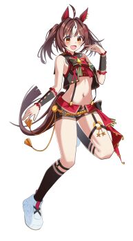 1girl absurdres ahoge animal_ears arm_up armpits brown_eyes brown_hair commentary_request full_body gran_alegria_(umamusume) hair_between_eyes hair_ornament highres horse_ears horse_girl horse_tail midriff navel open_mouth shoes shorts simple_background sleeveless solo standing standing_on_one_leg tail twitter_username umamusume white_background woongbi x_hair_ornament