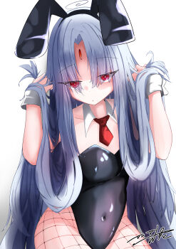 18st_taky 1girl absurdres ahoge alternate_hairstyle animal_ear_hairband animal_ears artist_name black_hairband black_leotard commentary_request covered_navel cowboy_shot detached_collar eyes_visible_through_hair fake_animal_ears fishnet_pantyhose fishnets flat_chest forehead_jewel grey_hair hairband hand_in_own_hair highres holding holding_own_hair leotard long_hair looking_at_viewer necktie pantyhose parted_bangs playboy_bunny rabbit_ears red_eyes red_necktie signature solo under_night_in-birth vatista_(under_night_in-birth) very_long_hair white_background white_hair white_wrist_cuffs wrist_cuffs