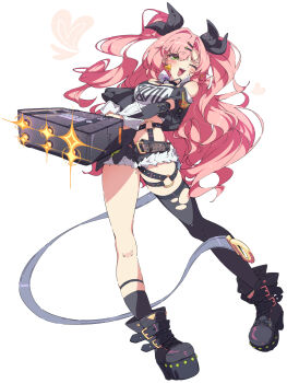 1girl ama_rei bare_shoulders black_boots black_ribbon black_shorts blush boots breasts clothing_cutout commentary_request crop_top cutoffs earrings fur-trimmed_shorts fur_trim green_eyes hair_between_eyes hair_ornament hairclip heart heart_earrings heart_necklace highres holding holding_suitcase jewelry large_breasts long_hair looking_at_viewer micro_shorts midriff_peek mole mole_on_thigh mole_under_eye necklace nicole_demara one_eye_closed open_mouth pink_hair ribbon shorts shoulder_cutout simple_background single_thighhigh solo sparkle strapless suitcase thighhighs torn_clothes torn_thighhighs tube_top two_side_up white_background white_tube_top zenless_zone_zero