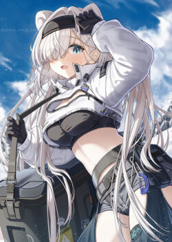 Rule 34 | 1girl, animal ears, arknights, aurora (arknights), bear ears, bear girl, black gloves, blue eyes, breasts, gloves, grey shorts, hair over one eye, large breasts, long hair, one eye covered, polar bear girl, shironekoban, short shorts, shorts, solo, thighs, white hair