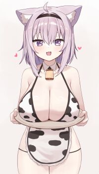1girl :3 :d ahoge animal_ears animal_print apron bell bikini black_hairband breasts breasts_on_tray cat_ears cat_girl cow_print cow_print_apron cow_print_bikini cowbell detached_collar hairband heart highres hololive large_breasts nekomata_okayu open_mouth print_apron print_bikini purple_eyes purple_hair simple_background smile solo swimsuit tray virtual_youtuber woogi_(duguddnr)