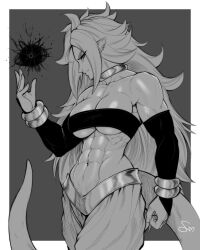 Rule 34 | 1girl, abs, absurdres, android 21, arabian clothes, bare shoulders, bracelet, breasts, choker, cleavage, dragon ball, dragon ball fighterz, earrings, electricity, energy, energy ball, gold bracelet, grey background, greyscale, hand up, highres, jewelry, large breasts, long hair, looking at viewer, looking to the side, majin android 21, monochrome, muscular, muscular female, navel, pointy ears, simple background, sketch, speedl00ver, tail, underboob, veins, very long hair