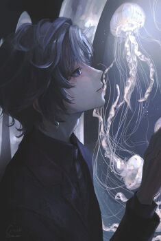 1boy absurdres black_jacket ca_mei earrings from_side fuwa_minato fuwa_minato_(2nd_costume) grey_hair hair_between_eyes hand_up hashtag-only_commentary highres jacket jellyfish jewelry long_sleeves looking_up male_focus multicolored_hair necktie nijisanji parted_lips purple_eyes short_hair solo streaked_hair upper_body virtual_youtuber window