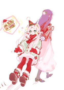 2girls alternate_costume anger_vein black_footwear black_socks blush boots brown_footwear clothes_grab coat dragging dress earrings elf fern_(sousou_no_frieren) flying_sweatdrops food food_on_head frieren full_body fur-trimmed_boots fur-trimmed_coat fur-trimmed_sleeves fur_trim gloves green_coat green_eyes hat highres jacket jewelry leggings long_dress long_hair long_sleeves mimic mimic_chest multiple_girls object_on_head open_mouth party_hat pointy_ears pom_pom_(clothes) pulling purple_hair red_gloves red_jacket red_leggings red_scarf rourow santa_hat scarf shoes simple_background socks sousou_no_frieren sparkle sparkling_eyes speech_bubble spoken_anger_vein spoken_object treasure_chest triangle_mouth twintails walking white_background white_dress white_hair