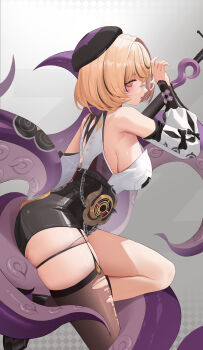 1girl absurdres arched_back bare_shoulders beret black_hat black_shorts blonde_hair breasts brown_thighhighs commentary_request detached_sleeves from_side garter_straps glasses grey_background hat highres holding holding_weapon kuaidaowanlilai large_breasts leg_up looking_at_viewer open_mouth purple_eyes round_eyewear shirt short_hair shorts sideboob single_garter_strap single_thighhigh skindentation solo suction_cups sweat tentacle_girl tentacle_tail tentacles thighhighs torn_clothes torn_thighhighs weapon white_shirt yidhari_murphy zenless_zone_zero