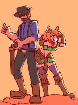 1boy 1girl absurdres ammunition animal_ears arthur_morgan beard belt black_hat black_pants blue_eyes blue_shirt boots breasts brown_belt brown_boots brown_gloves commentary cowboy cowboy_boots cowboy_hat cowboy_western crossover double-barreled_shotgun english_commentary facial_hair full_body gloves green_skirt green_tube_top gun hair_ornament hat hat_over_eyes highres holding holding_gun holding_weapon holster horse_ears horse_girl horse_tail leaning_forward looking_afar medium_breasts midriff open_mouth orange_background orange_hair pants purple_thighhighs red_dead_redemption_(series) red_dead_redemption_2 red_scarf reloading scarf shirt short_hair shotgun shotgun_shell simple_background skirt smile standing star_(symbol) star_hair_ornament starlinkman strapless suspenders taiki_shuttle_(umamusume) taiki_shuttle_(wild_frontier)_(umamusume) tail thighhighs tube_top umamusume weapon western