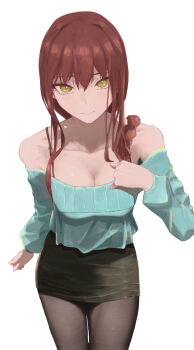 1girl absurdres aqua_sweater black_skirt braid breasts chainsaw_man cleavage closed_mouth grey_pantyhose highres looking_at_viewer makima_(chainsaw_man) medium_breasts miniskirt off-shoulder_sweater off_shoulder pantyhose red_hair sidelocks simple_background skirt solo sweater takikomu0 white_background yellow_eyes