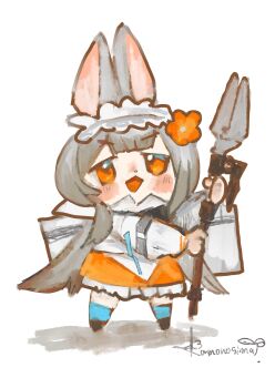 1girl :d absurdres animal_ears arknights black_shoes blue_socks blush_stickers chibi flower frilled_skirt frills grey_hair hair_flower hair_ornament highres holding holding_polearm holding_weapon kamonoshima long_hair long_sleeves looking_at_viewer low_twintails open_mouth orange_eyes orange_flower orange_skirt polearm puffy_long_sleeves puffy_sleeves shadow shirt shoes signature simple_background skirt smile socks solo standing twintails v-shaped_eyebrows very_long_hair warmy_(arknights) weapon white_background white_shirt