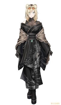 1girl aqua_eyes black_boots black_gloves black_kimono black_sash black_streaks blonde_hair boots breasts commentary_request double_bun earrings extra_ears eyewear_on_head gloves hair_bun hair_over_one_eye highres hololive hololive_dev_is japanese_clothes jewelry kimono kisaragi_chiyuki koganei_niko koganei_niko_(new_year) large_breasts looking_at_viewer medium_hair multicolored_hair obi off_shoulder official_alternate_costume official_alternate_hairstyle official_art platform_boots round_eyewear sash simple_background skin_tight slit_pupils solo streaked_hair sunglasses tachi-e virtual_youtuber white_background