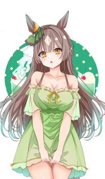 1girl absurdres alternate_costume animal_ears bare_shoulders braid breasts brown_hair cleavage collarbone commentary_request cowboy_shot double-parted_bangs dress ear_ornament green_background green_dress half_up_braid highres holding horse_ears horse_girl large_breasts long_hair looking_at_viewer multicolored_hair reishi_(litvyak) satono_diamond_(umamusume) simple_background skirt_hold solo streaked_hair two-tone_background umamusume white_background white_hair yellow_eyes
