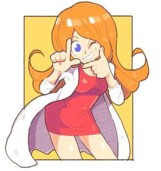 1girl blue_eyes coat dress inkerton-kun long_hair looking_at_viewer mona_(warioware) nintendo one_eye_closed orange_hair red_dress simple_background smirk square warioware white_coat yellow_background