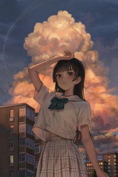 1girl absurdres arm_up black_hair breasts brown_eyes cityscape cloud cloudy_sky commentary_request cowboy_shot cumulonimbus_cloud golden_hour green_ribbon highres hime_cut long_hair looking_at_viewer midriff mole mole_on_cheek original plaid_clothes plaid_skirt pleated_skirt ribbon scenery school_uniform serafuku signature skirt sky small_breasts solo standing user_vvdr2237 white_skirt