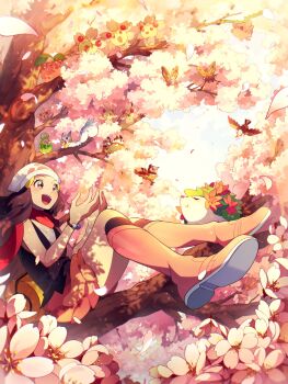 1girl bag beanie boots branch budew cherrim cherry_blossoms cherubi cutiefly dawn_(pokemon) duffel_bag flower gen_4_pokemon gen_7_pokemon hair_ornament hairpin hat highres in_tree legendary_pokemon mythical_pokemon nintendo pachirisu pink_boots pink_skirt poke_ball_print pokemon pokemon_(creature) pokemon_dppt red_scarf scarf selyg15 shaymin sitting sitting_in_tree skirt starly tree white_hat