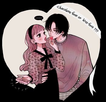 ... 1boy 1girl black_hair black_hairband blunt_bangs buttons candy chocolate chocolate_heart closed_mouth commentary fingernails floral_print food futarijime_romantic hairband hand_on_another's_waist heart heart-shaped_food hetero holding holding_chocolate holding_food kanisawa_chihiro kumamori_kokomi lipstick long_hair long_sleeves looking_at_another makeup open_mouth short_hair simple_background speech_bubble spoken_ellipsis sweater tajima_kyouhei