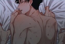 Rule 34 | 2boys, back, bed, bed sheet, bite mark, bite mark on back, bite mark on neck, bite mark on shoulder, black hair, blush, commentary request, completely nude, from behind, full-face blush, fushiguro megumi, fushirun rung, green eyes, hickey, highres, implied sex, jujutsu kaisen, korean commentary, looking at viewer, looking back, male focus, multiple boys, nude, open mouth, sex, sex from behind, sheet grab, short hair, shoulder blades, solo focus, spiked hair, yaoi