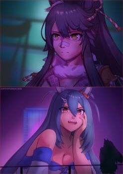 2girls absurdres animal_ears artist_name bandaid bandaid_on_face bandaid_on_nose black_hair breasts cleavage closed_mouth dark-skinned_female dark_skin dirty dirty_clothes dirty_face ear_scrunchie earthmusic40258 expressionless fangs glowing hair_between_eyes hand_on_own_cheek hand_on_own_face highres hishi_amazon_(azure_amazon)_(umamusume) hishi_amazon_(umamusume) hologram horse_ears leaning_forward long_hair looking_at_another meme movie_reference multiple_girls narita_brian_(maverick)_(umamusume) narita_brian_(umamusume) open_mouth parody red_eyes scene_reference silhouette umamusume upper_body very_long_hair yellow_eyes you_look_lonely_(meme)