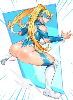 Rule 34 | 1girl, absurdres, artist name, ass, blonde hair, blue background, blue eyes, blue leotard, blue mask, blue nails, blush, boots, chromatic aberration, commentary, curvy, domino mask, dutch angle, emphasis lines, english commentary, eye mask, from behind, full body, hand up, highleg, highleg leotard, highres, huge ass, knee boots, leotard, long hair, looking at viewer, looking back, mask, multicolored background, nail polish, nose blush, profile, rainbow mika, revealing clothes, shiny skin, sideways glance, solo, squatting, street fighter, thong leotard, toned, toned female, topsu, twintails, white background, white boots, wide hips, wrestling mask, wrestling outfit, xdtopsu01