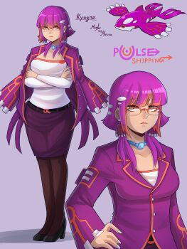 Rule 34 | 1girl, 2026, absurdres, alternate color, belt, black shoes, blue background, blue nails, breasts, brown pantyhose, closed mouth, coat, coat on shoulders, commentary, english commentary, female focus, gen 3 pokemon, hand on own hip, high heels, highres, humanization, jewelry, kyogre, legendary pokemon, looking at viewer, medium breasts, mielthemouse, multicolored hair, multiple views, necklace, nintendo, pantyhose, pearl necklace, pokemon, pumps, purple coat, purple hair, purple skirt, red-tinted eyewear, red hair, red lips, serious, shadow, shiny pokemon, shirt, shoes, simple background, skirt, streaked hair, tinted eyewear, variant set, white shirt, yellow eyes