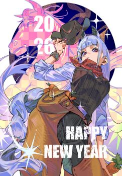 1girl 2026 carrot chinese_zodiac cowboy_hat guruhk_kk happy_new_year hat highres holding holding_carrot holding_unworn_clothes holding_unworn_hat horse horse_girl horse_tail long_hair new_year original purple_eyes purple_hair scarf solo tail unworn_hat unworn_headwear year_of_the_horse