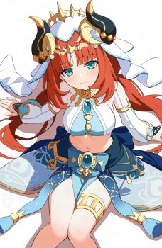 1girl aqua_eyes blue_gemstone blush breasts circlet closed_mouth commentary crop_top fake_horns gem genshin_impact gold_trim highres hobio horns jewelry long_hair long_sleeves looking_at_viewer medium_breasts navel nilou_(genshin_impact) parted_bangs puffy_long_sleeves puffy_sleeves red_hair simple_background sitting smile stomach thighlet veil very_long_hair watermark watermark_grid white_background white_veil