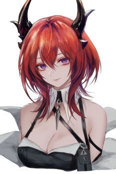 Rule 34 | 1girl, arknights, arknights: endfield, bare shoulders, black horns, black shirt, breasts, cleavage, closed mouth, cropped torso, hair between eyes, highres, horns, laevatain (arknights), looking at viewer, maho moco, medium breasts, medium hair, off shoulder, pouch, purple eyes, red hair, shirt, simple background, solo, surtr (arknights), white background