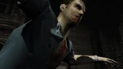 00s 1boy 1girl 3d action animated arm_support attack black_gloves black_skirt blue_eyes blue_tube_top boots breasts brown_footwear brown_hair building capcom city fingerless_gloves gloves hanging harness highres jill_valentine large_breasts neck_snap night outdoors peril resident_evil resident_evil:_the_umbrella_chronicles resident_evil_3:_nemesis scissorhold shirt_tied_around_waist short_hair skirt slow_motion solo_focus straight_hair strapless swept_bangs tube_top undead video walking watermark zombie