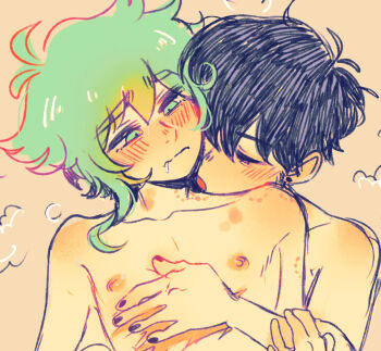 2boys ahoge basil_(omori) behind_another bite_mark bite_mark_on_arm bite_mark_on_neck bite_mark_on_shoulder bite_marks biting black_hair black_nails blush closed_eyes closed_mouth collarbone commentary_request drooling ear_piercing green_eyes green_hair hair_between_eyes hand_on_another&#039;s_chest hickey hickey_marks implied_sex looking_at_another looking_down male_focus mouth_drool multiple_boys nail_polish nipples nose_blush nude omori open_mouth piercing scar scar_on_chest short_hair sidelocks sintastein sunny_(omori) tagme topless_female topless_male trap wavy_mouth yaoi