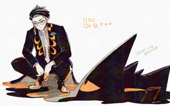 1boy closed_mouth coat collared_shirt commentary_request corbeau_(pokemon) enpiempi eye_contact gen_1_pokemon gengar lapels layered_sleeves limited_palette long_sleeves looking_at_another looking_to_the_side male_focus necktie nintendo open_clothes open_coat pants parted_hair pokemon pokemon_(creature) pokemon_legends:_z-a red_eyes round_eyewear shirt shoes short_hair simple_background squatting white_background yellow_eyes