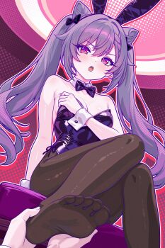 Rule 34 | 1girl, 1other, :o, absurdres, alternate costume, animal ear hairband, animal ears, bare shoulders, black pantyhose, blush, bow, bowtie, breasts, collar, commentary, commission, cone hair bun, detached collar, fake animal ears, fingernails, finn flint, foot out of frame, genshin impact, hair between eyes, hair bow, hair bun, hairband, hands on another's foot, highres, keqing (genshin impact), leotard, long hair, looking at viewer, medium breasts, open mouth, out of frame, pantyhose, purple bow, purple bowtie, purple eyes, purple hair, purple hairband, purple leotard, rabbit ears, sitting, strapless, strapless leotard, twintails, very long hair, white collar, white wrist cuffs, wrist cuffs