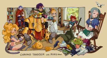 3girls absurdres ayla_(chrono_trigger) bird blonde_hair blue_eyes bookshelf breasts cape chair chrono_trigger crono_(chrono_trigger) frog_(chrono_trigger) glasses gloves headband helmet highres lip_pw long_hair lucca_ashtear magus_(chrono_trigger) marle_(chrono_trigger) multiple_girls open_mouth original ponytail purple_hair red_hair robo_(chrono_trigger) robot rocking_chair short_hair smile spiked_hair sword weapon window