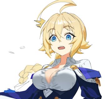 1girl ahoge blazblue blonde_hair blue_eyes braid braided_ponytail breasts cleavage dafvkydbwep es_(xblaze) hair_between_eyes hashtag-only_commentary highres huge_ahoge long_hair long_sleeves looking_at_viewer open_mouth solo sweatdrop upper_body white_background