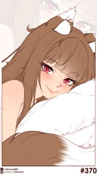1girl absurdres animal_ears blunt_bangs blush brown_hair closed_mouth commentary english_commentary fang highres holo likunea long_hair looking_at_viewer nude patreon_logo patreon_username pillow red_eyes revision smile solo spice_and_wolf twitter_username twitter_x_logo upper_body wolf_ears wolf_girl zoom_layer