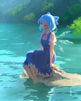 1girl absurdres artist_name bare_legs barefoot blue_bow blue_dress blue_eyes blue_hair blush bow bush cirno collared_shirt commentary dress english_commentary fairy frilled_sleeves frills hair_bow highres ice ice_wings kureihii lake looking_ahead multiple_wings neck_ribbon outdoors pinafore_dress puffy_short_sleeves puffy_sleeves refraction ribbon shirt short_hair short_sleeves signature sitting sleeveless sleeveless_dress smile solo touhou water white_shirt wings