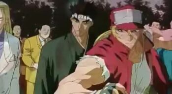 andy_bogard animated anime_screenshot audible_speech blood brown_hair cheng_sinzan dobok english_audio epic fatal_fury fatal_fury:_the_motion_picture father_and_son fighting formal_clothes joe_higashi kicking kim_dong_hwan kim_jae_hoon kim_kaphwan martial_arts martial_arts_belt mask midair oobari_masami retro_artstyle shiranui_mai snk taekwondo tagme terry_bogard video